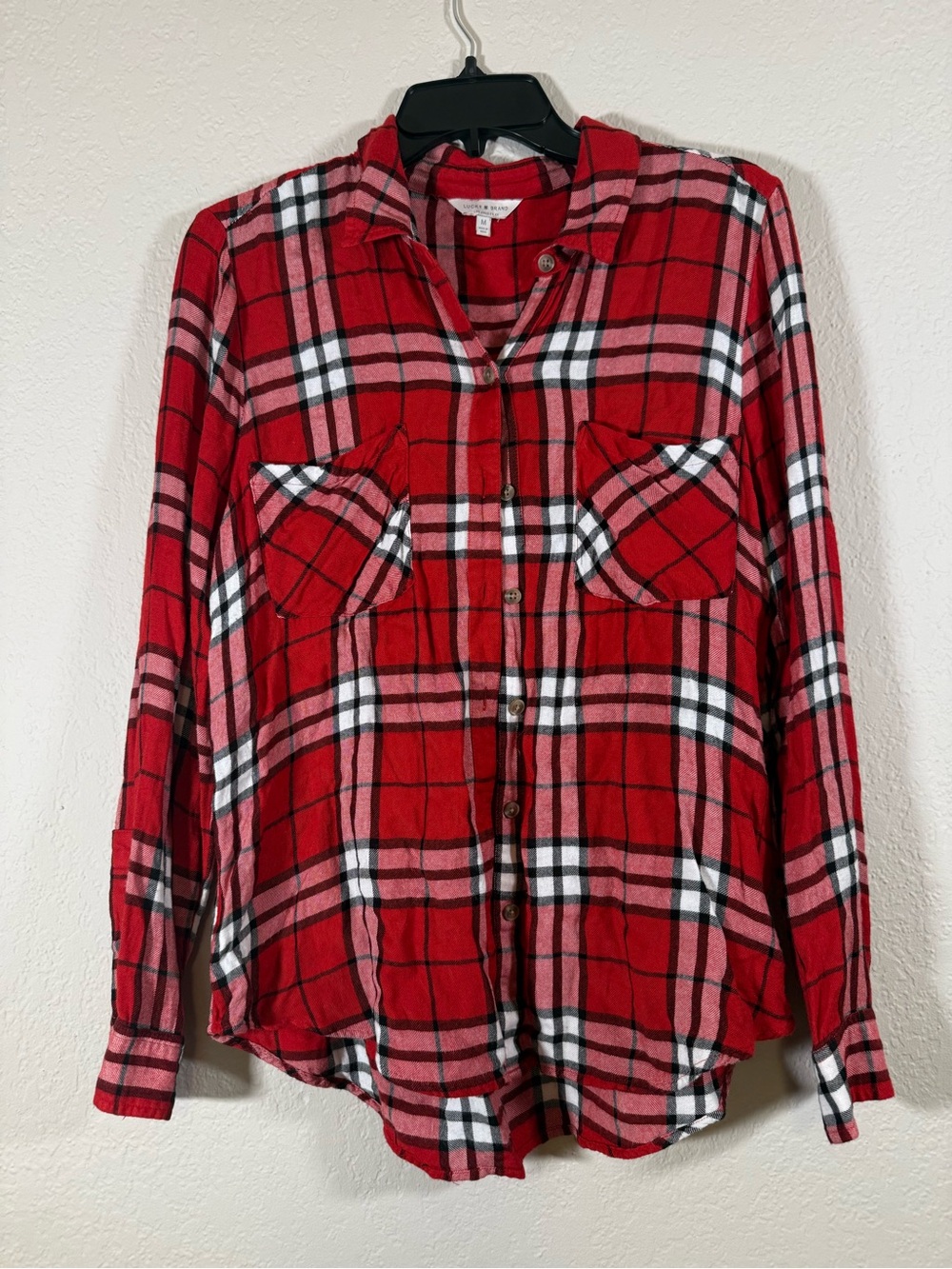 Womens Lucky Brand Red Plaid Viscose Button Up Flannel Shirt Size Medium